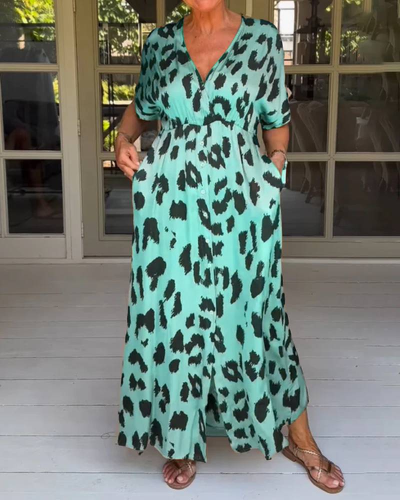 Løs Leopard Maxi Kjole med V-udskæring