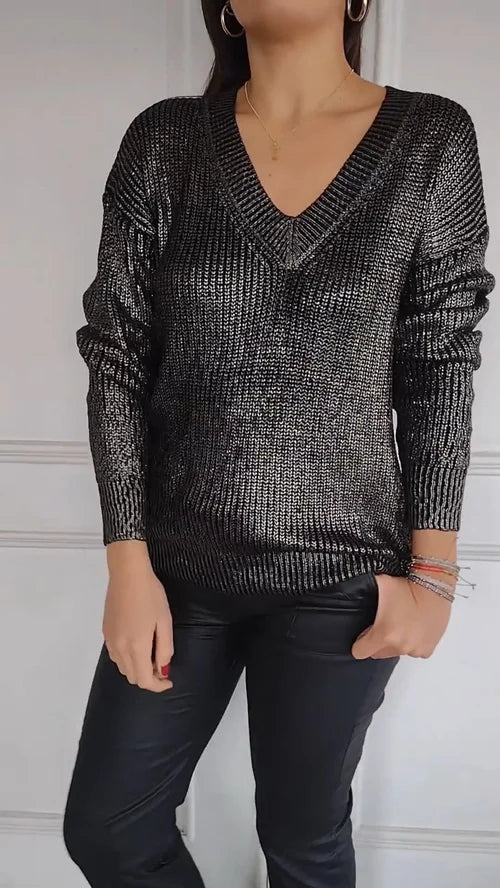 2024 Women's Long Sleeve Top with V-Neck and Gold Foil