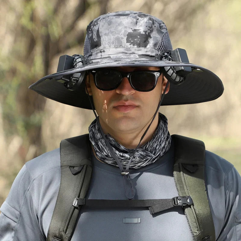 Stefan™ - Solfangerhat med Bred Skygge, Sol- og USB-opladningsstation til Fiskerhat