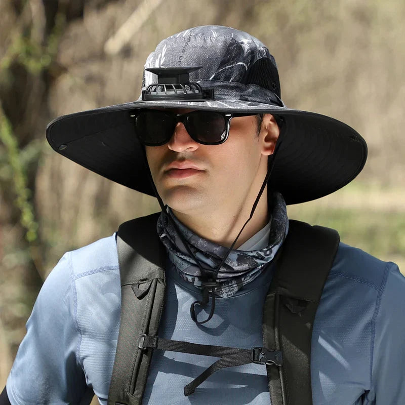 Stefan™ - Solfangerhat med Bred Skygge, Sol- og USB-opladningsstation til Fiskerhat