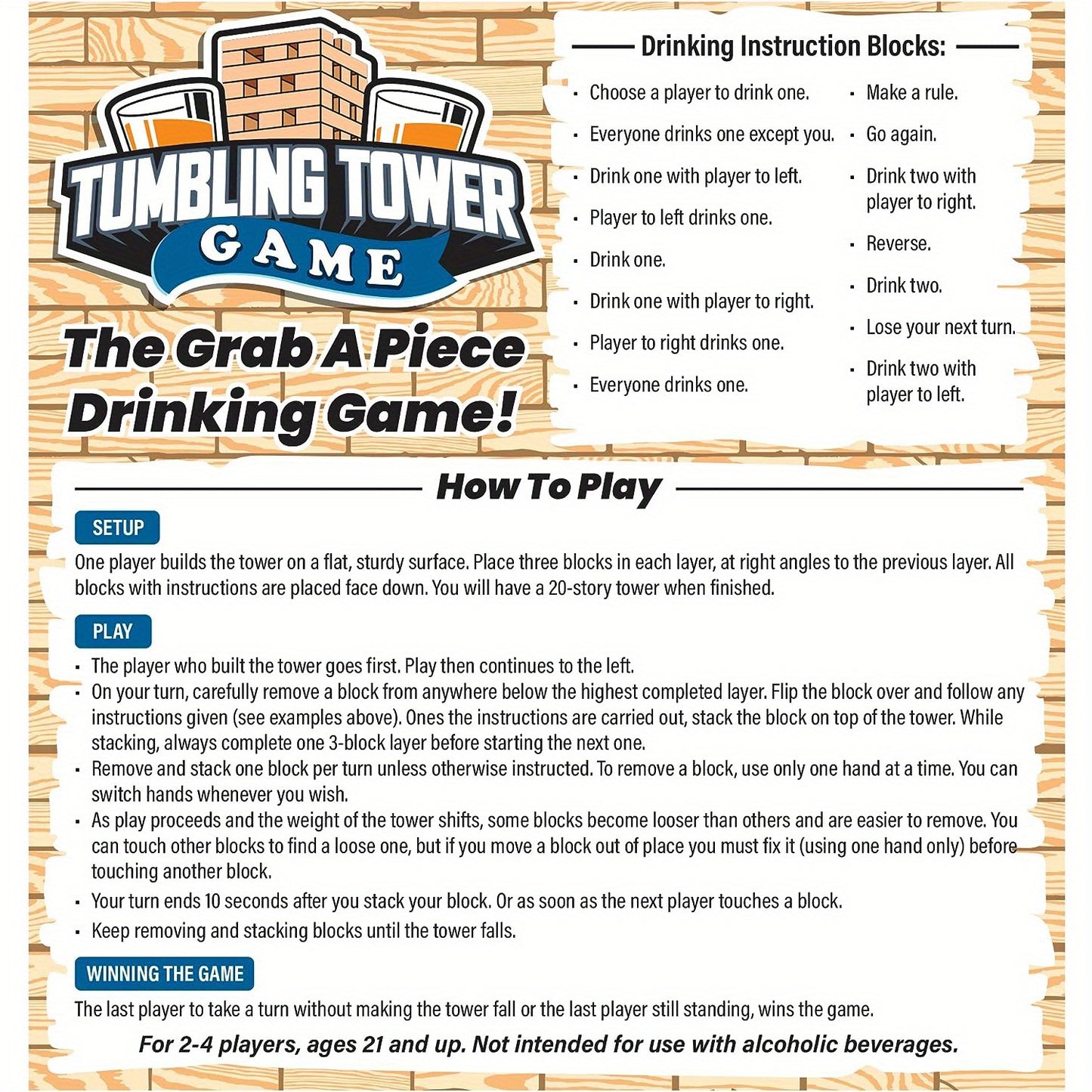 FunDrinks - Gioco da Bere Torre di Legno con 4 Bicchieri