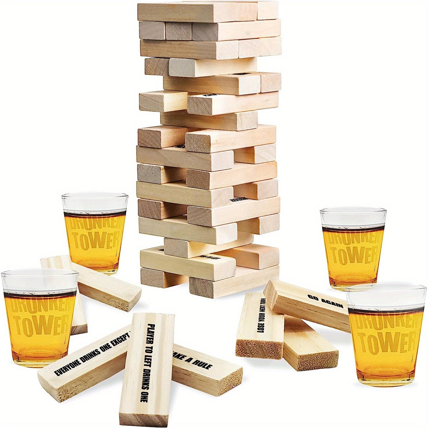 FunDrinks - Gioco da Bere Torre di Legno con 4 Bicchieri
