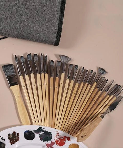 Professionele Kunstkwasten met Natuurlijke Houten Handvatten Set van 24