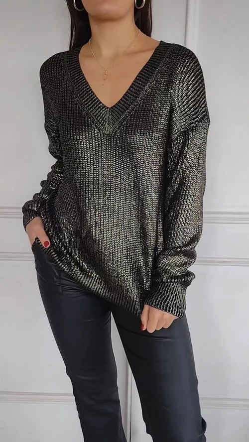 2024 Women's Long Sleeve Top with V-Neck and Gold Foil