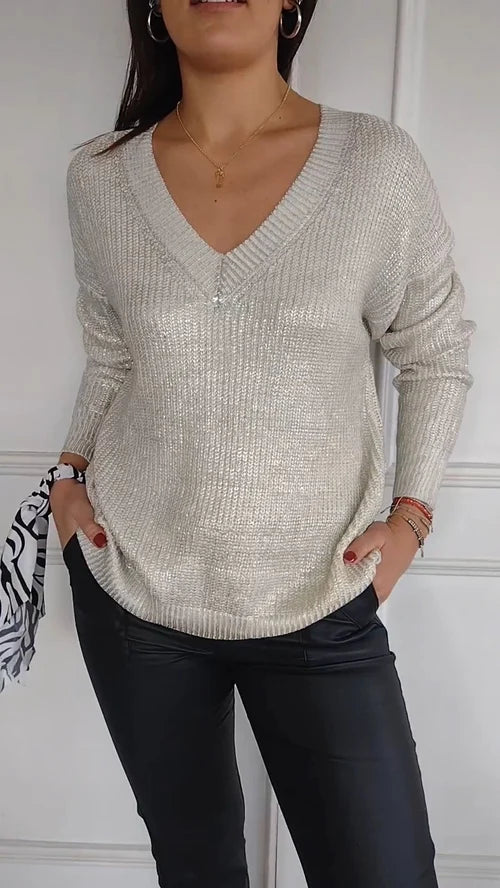 2024 Women's Long Sleeve Top with V-Neck and Gold Foil