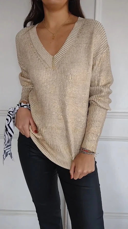 2024 Women's Long Sleeve Top with V-Neck and Gold Foil