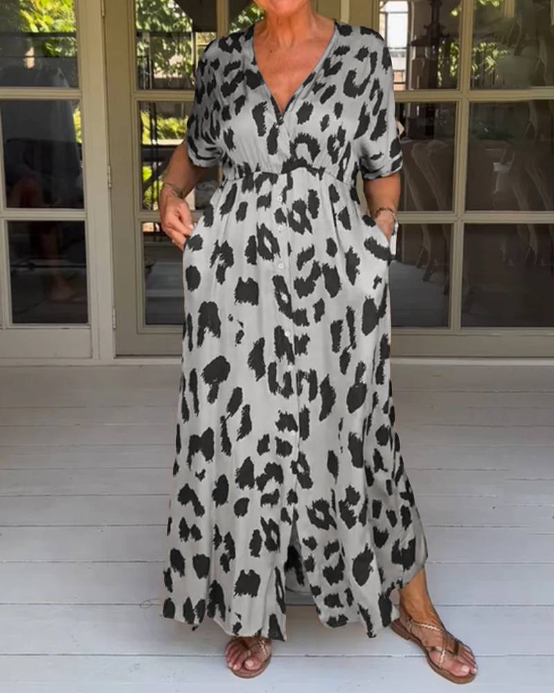Løs Leopard Maxi Kjole med V-udskæring
