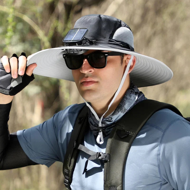 Stefan™ - Solfangerhat med Bred Skygge, Sol- og USB-opladningsstation til Fiskerhat