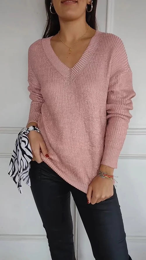 2024 Women's Long Sleeve Top with V-Neck and Gold Foil