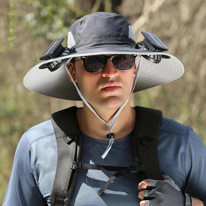 Stefan™ - Solfangerhat med Bred Skygge, Sol- og USB-opladningsstation til Fiskerhat