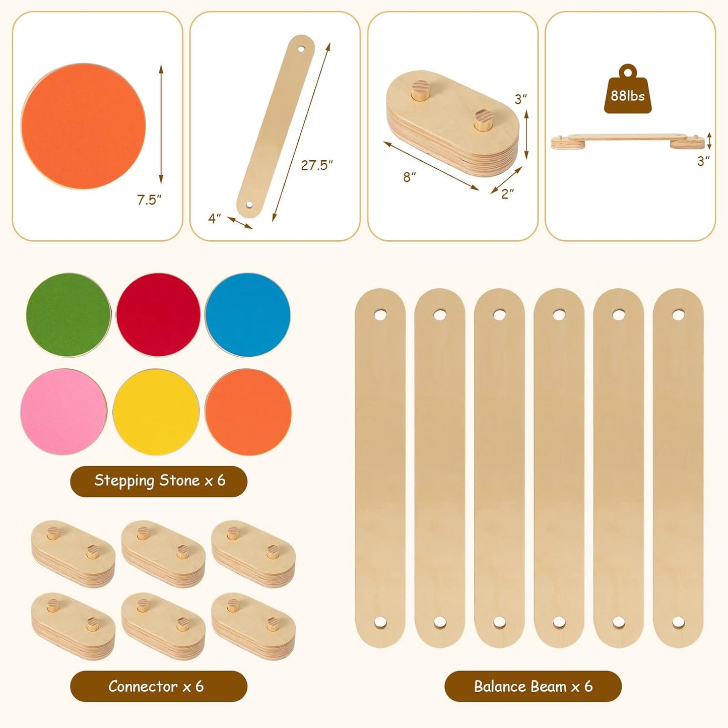 Montessori træbalancebomme med sæt af trinsten