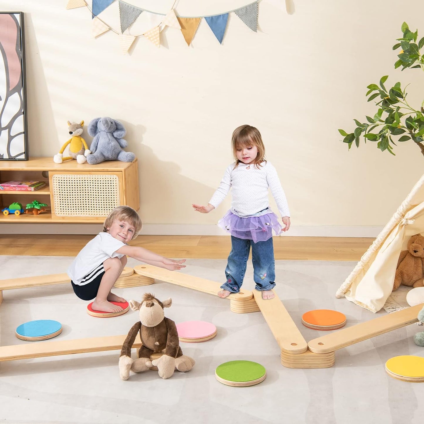 Montessori træbalancebomme med sæt af trinsten