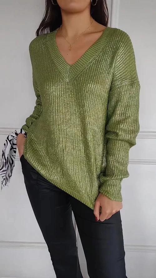 2024 Women's Long Sleeve Top with V-Neck and Gold Foil