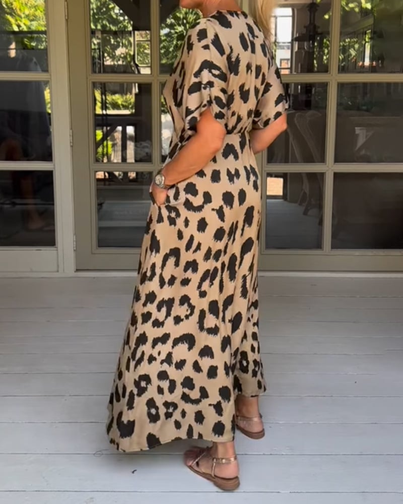 Løs Leopard Maxi Kjole med V-udskæring