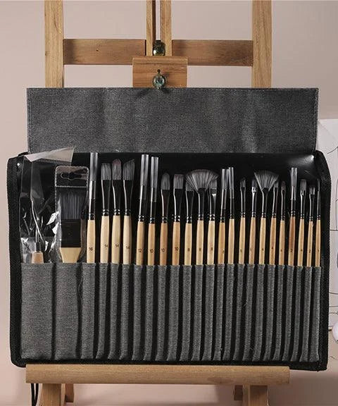 Professionele Kunstkwasten met Natuurlijke Houten Handvatten Set van 24