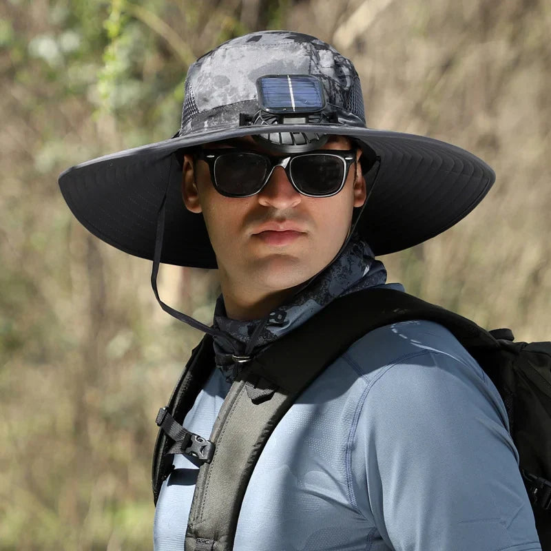 Stefan™ - Solfangerhat med Bred Skygge, Sol- og USB-opladningsstation til Fiskerhat