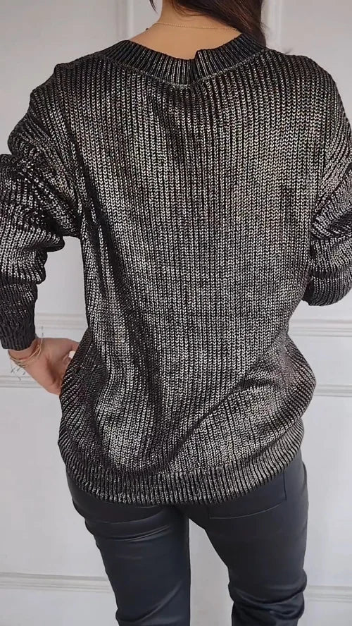 2024 Women's Long Sleeve Top with V-Neck and Gold Foil