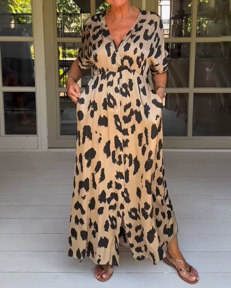 Løs Leopard Maxi Kjole med V-udskæring