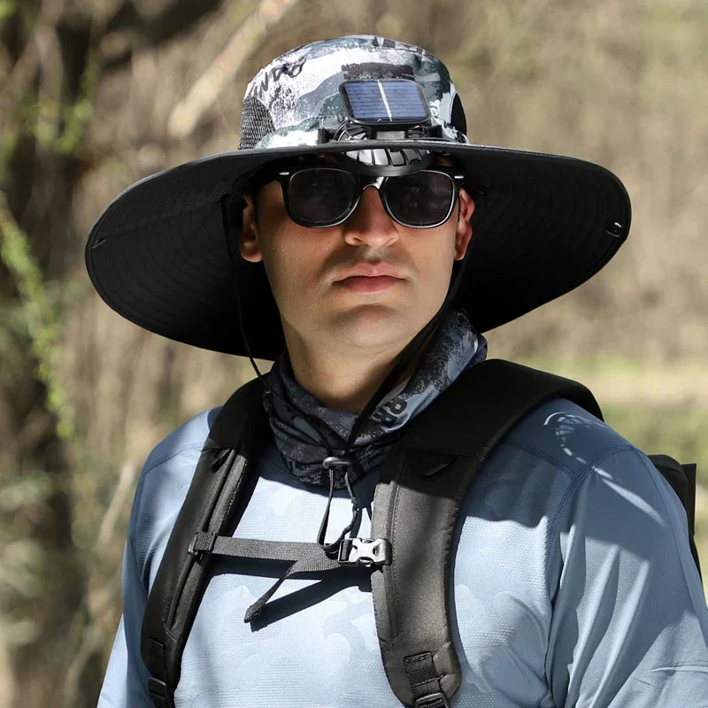 Stefan™ - Solfangerhat med Bred Skygge, Sol- og USB-opladningsstation til Fiskerhat