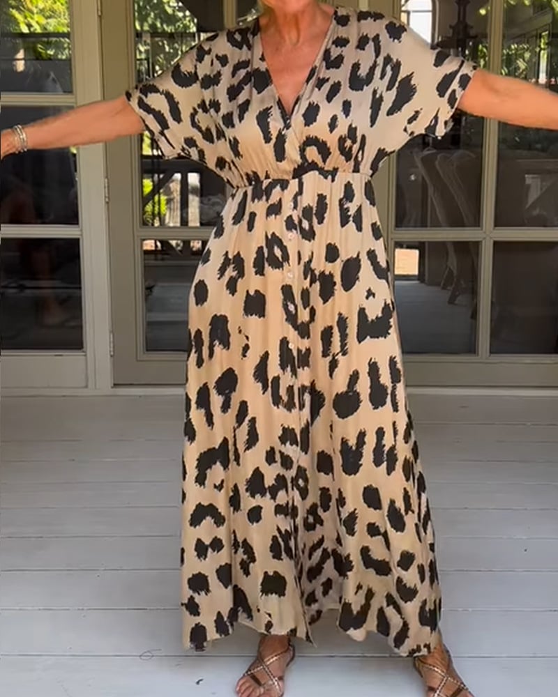 Løs Leopard Maxi Kjole med V-udskæring
