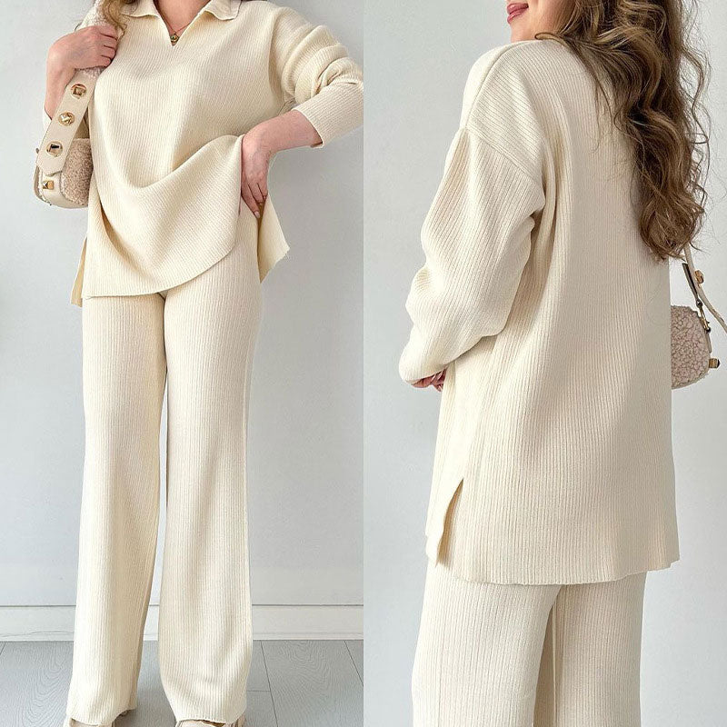 Athina - Casual Two-Piece Set with V-Neck and Slit