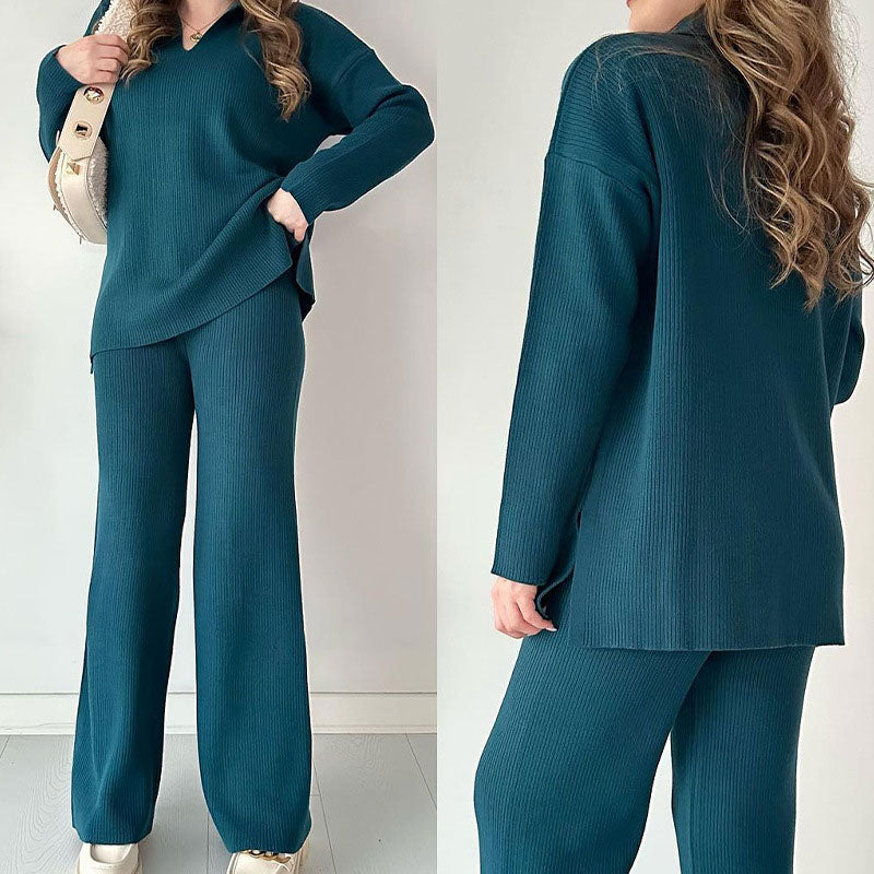 Athina - Casual Two-Piece Set with V-Neck and Slit