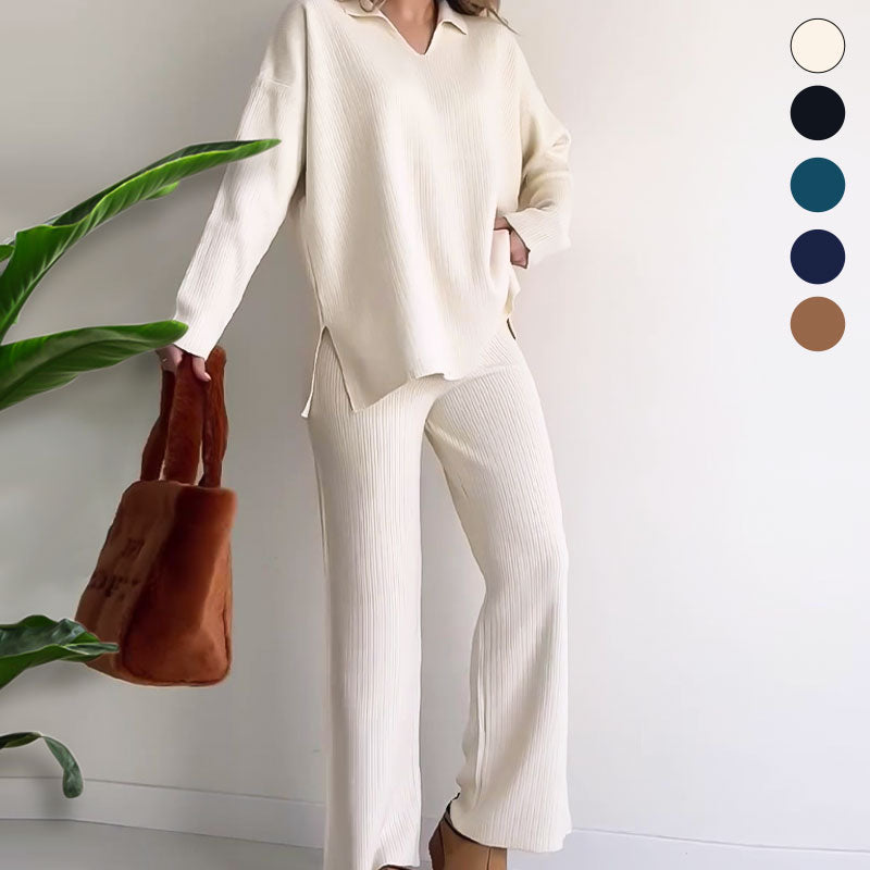 Athina - Casual Two-Piece Set with V-Neck and Slit