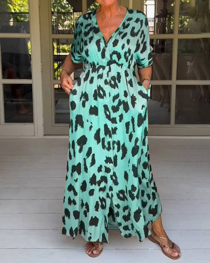 Løs Leopard Maxi Kjole med V-udskæring