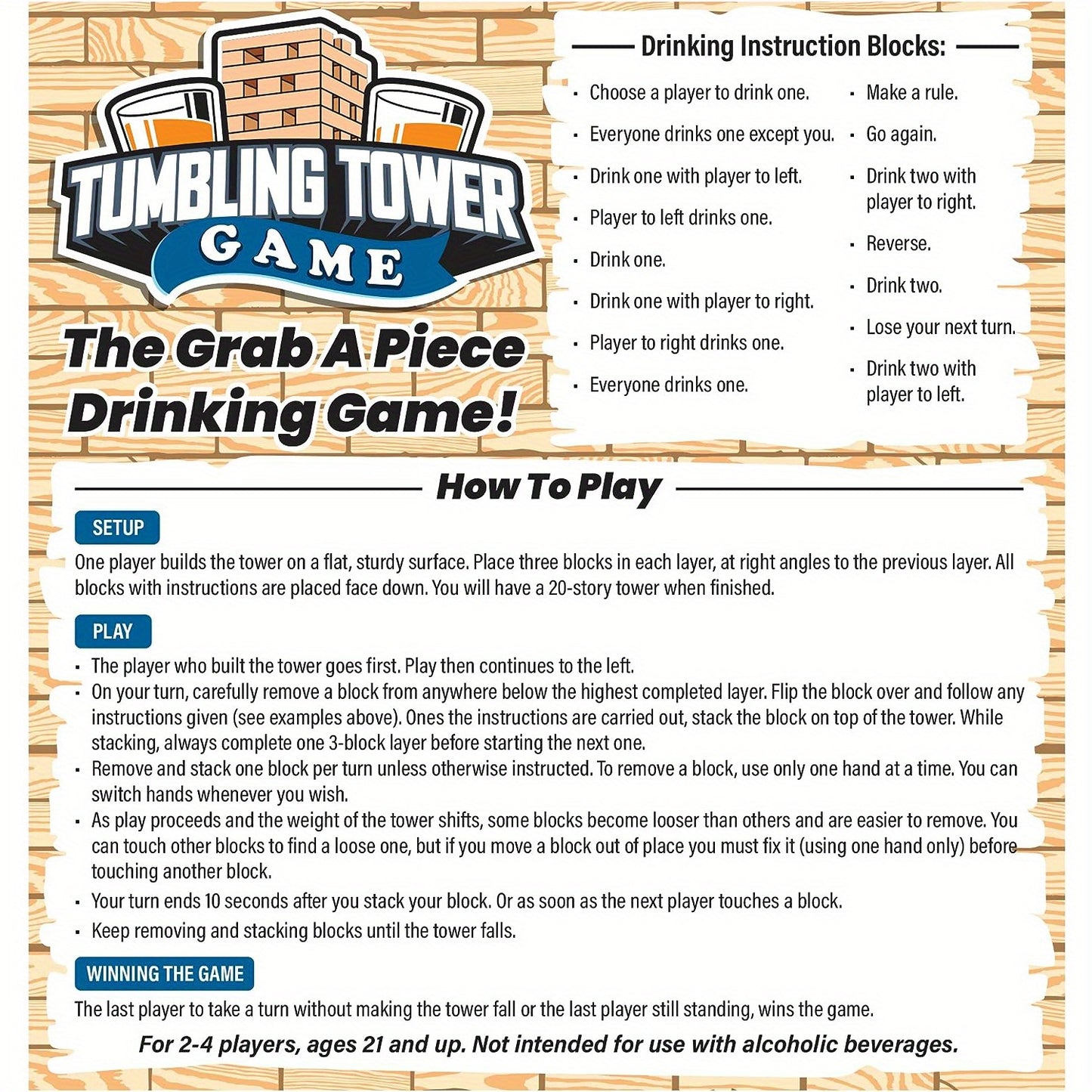 FunDrinks - Puinen Tumbling Tower -juomapeli 4 lasilla