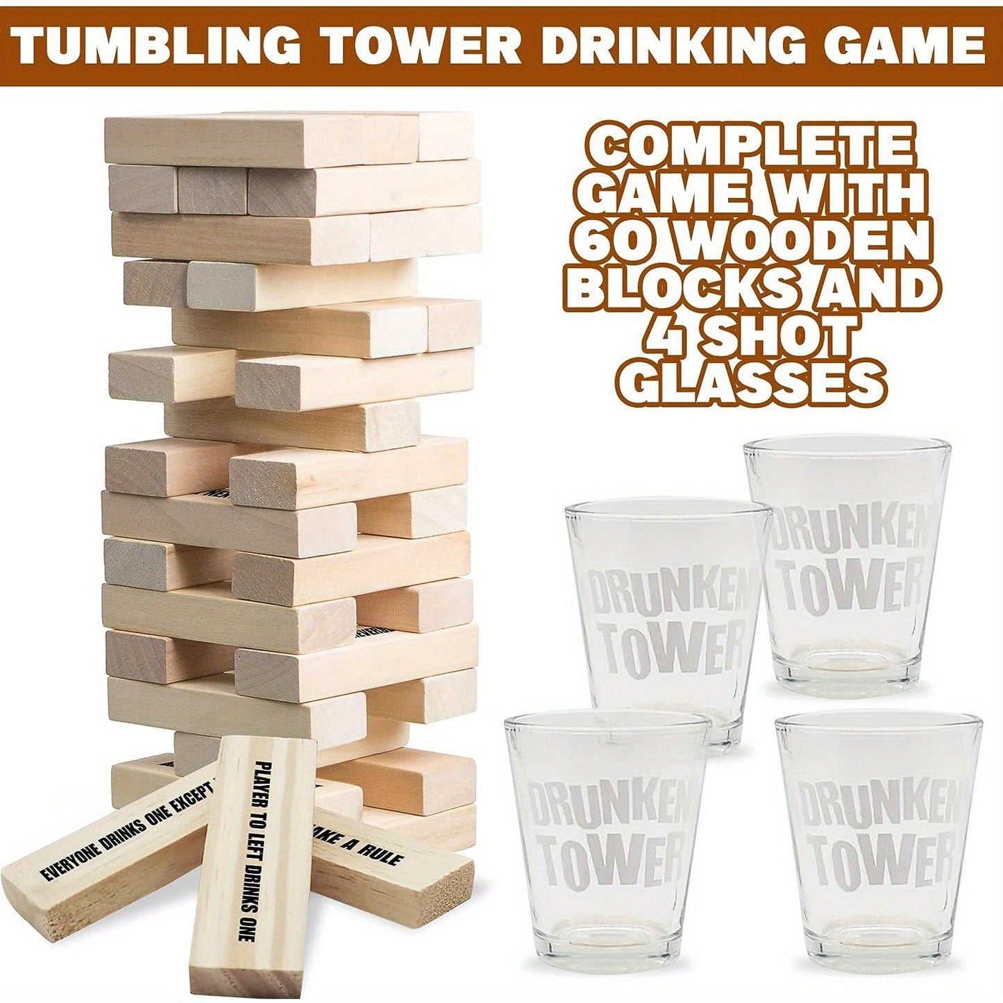 FunDrinks - Puinen Tumbling Tower -juomapeli 4 lasilla