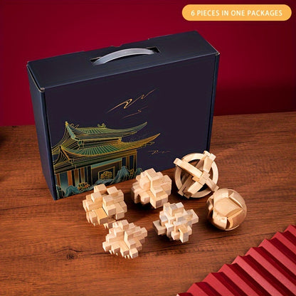 MindPuzzle - Houten Breinbreker Geschenkset met 6 Kongming Slot Puzzels