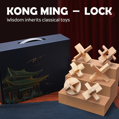 MindPuzzle - Houten Breinbreker Geschenkset met 6 Kongming Slot Puzzels