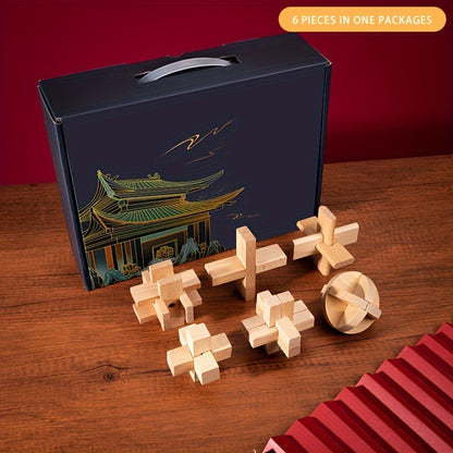 MindPuzzle - Houten Breinbreker Geschenkset met 6 Kongming Slot Puzzels