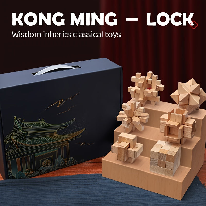 MindPuzzle - Houten Breinbreker Geschenkset met 6 Kongming Slot Puzzels