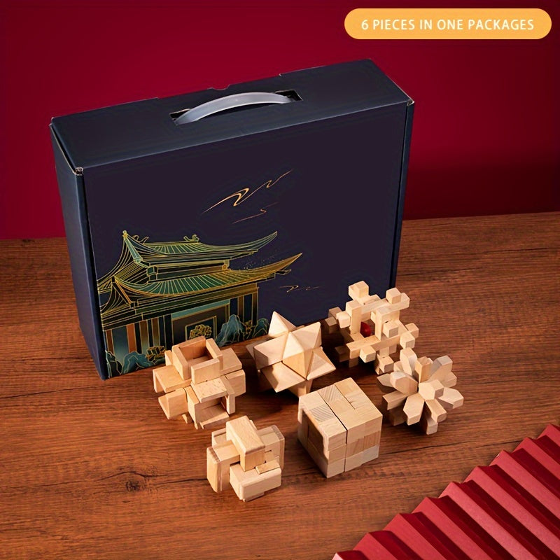 MindPuzzle - Houten Breinbreker Geschenkset met 6 Kongming Slot Puzzels