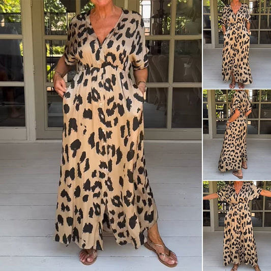 Løs Leopard Maxi Kjole med V-udskæring