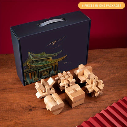 MindPuzzle - Houten Breinbreker Geschenkset met 6 Kongming Slot Puzzels