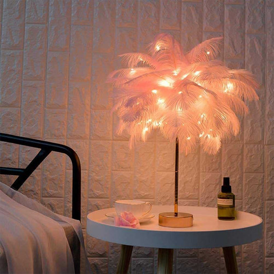 Ostrich Nachtlampje | Excentrieke lamp met veren & rosegouden voet