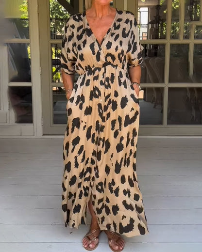 Løs Leopard Maxi Kjole med V-udskæring