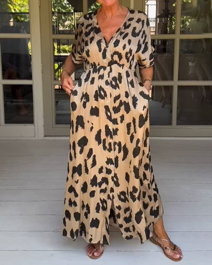 Løs Leopard Maxi Kjole med V-udskæring