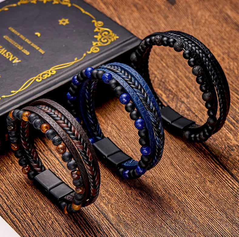 Naturlig Sten Obsidian Magnetisk Spænde Mænds Læderarmbånd