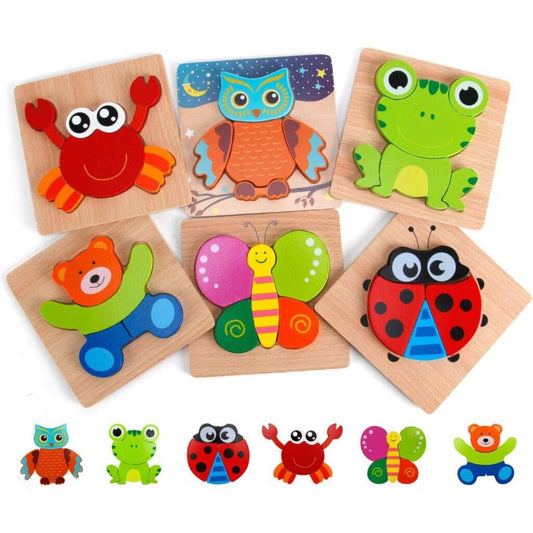 KinderLach - Eco-Vriendelijke Houten Puzzelset met 6 Dierenpuzzels