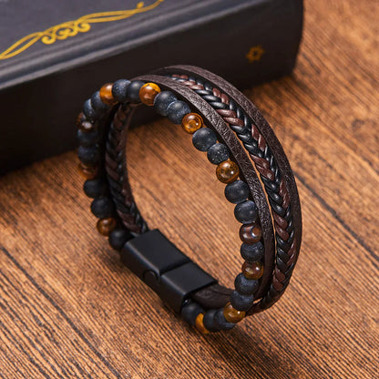 Naturlig Sten Obsidian Magnetisk Spænde Mænds Læderarmbånd