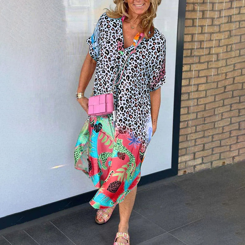 Lässiges Kurzarm-Leopardenmuster-Kleid für Frauen