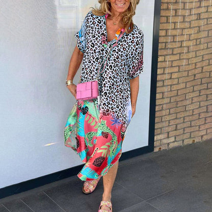 Lässiges Kurzarm-Leopardenmuster-Kleid für Frauen