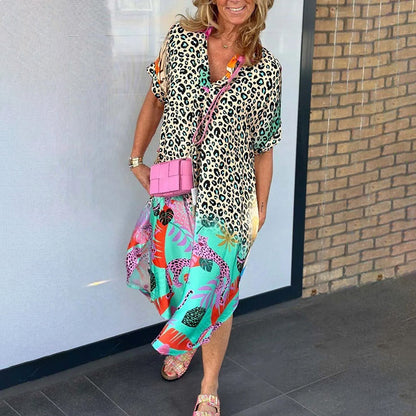 Lässiges Kurzarm-Leopardenmuster-Kleid für Frauen