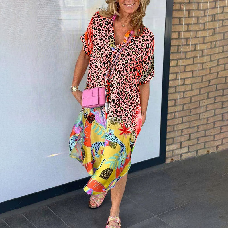 Lässiges Kurzarm-Leopardenmuster-Kleid für Frauen