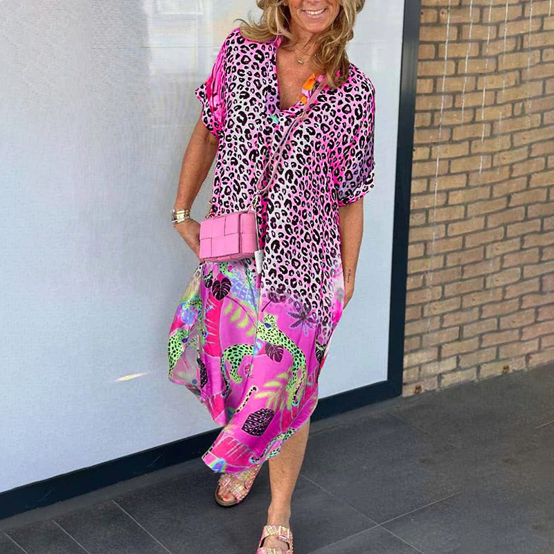 Lässiges Kurzarm-Leopardenmuster-Kleid für Frauen